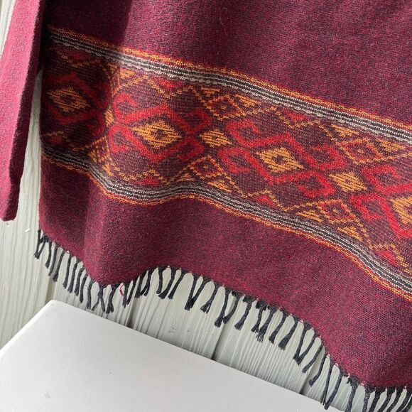 CECIL Burgundy Hooded Fringe Jacket Southwestern Geometric Boho M - Picture 6 of 10